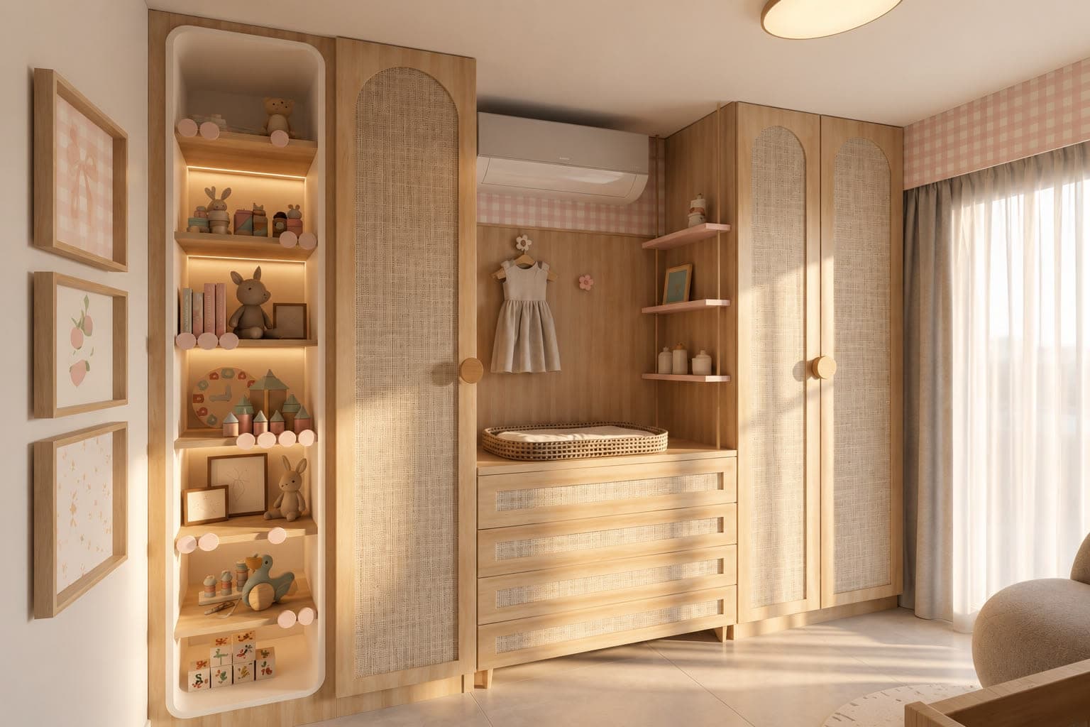 Parede de marcenaria de um quarto de bebê, com armários de palhinha, cômoda com trocador e nicho alto iluminado prateleira a prateleira.